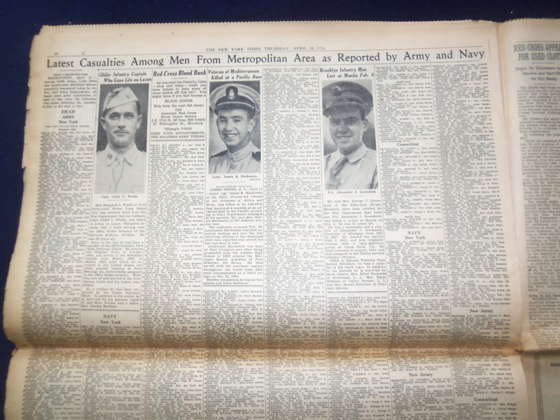 1945 APRIL 12 NEW YORK TIMES - U.S. NINTH AT ELBE 63 MILES FROM BERLIN - NP 6693