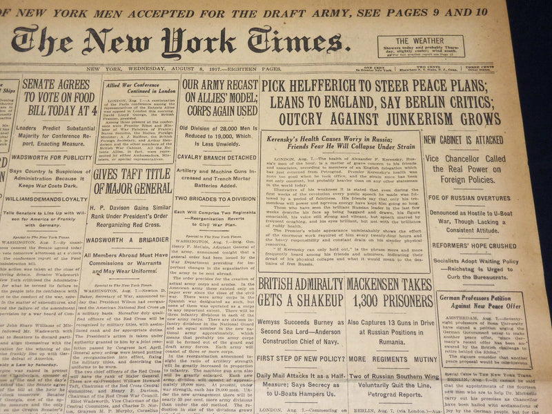 1917 AUGUST 8 NEW YORK TIMES - HELFFERICH TO STEER PEACE PLANS - NT 8505