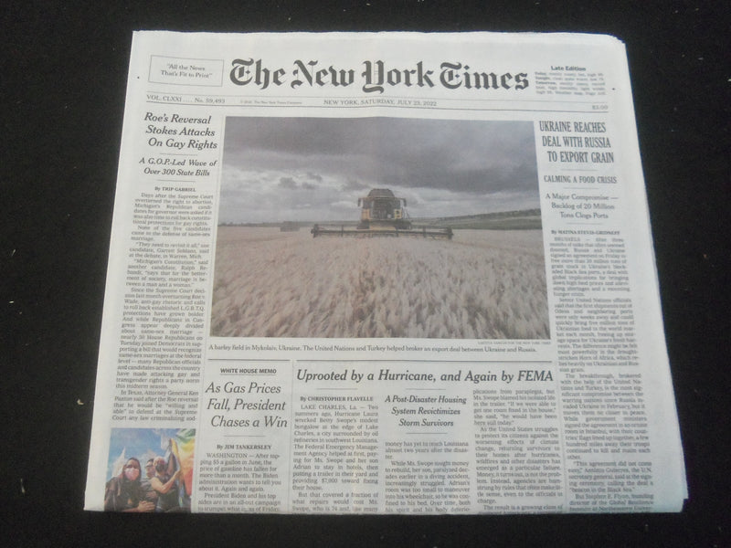 2022 JULY 23 NEW YORK TIMES - UKRAINE REACHES DEAL WITH RUSSIA TO EXPORT GRAIN