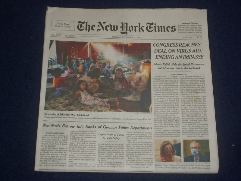 2020 DECEMBER 21 NEW YORK TIMES -CONGRESS REACHES DEAL ON VIRUS AID, END IMPASSE