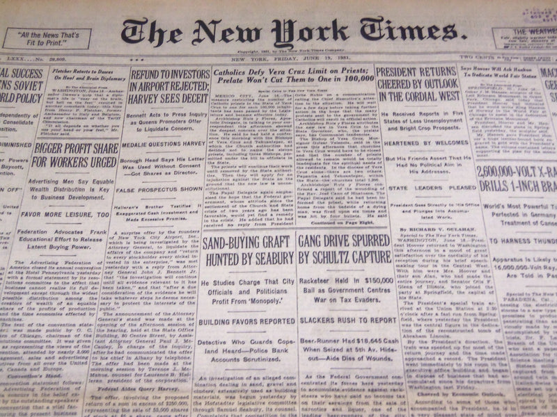 1931 JUNE 19 NEW YORK TIMES - GANG DRIVE SPURRED BY SCHULTZ CAPTURE - NT 2204