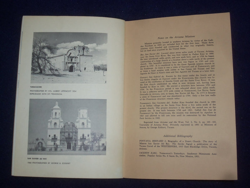 1960'S MISSIONS OF SONORA SOFTCOVER BOOK BY GEORGE G. ECKHART - J 9654