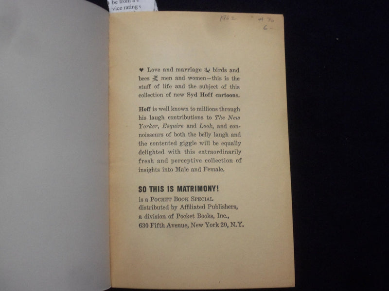 1962 SO THIS IS MATRIMONY! SOFTCOVER BOOK - CARTOONS BY HOFF - J 9641