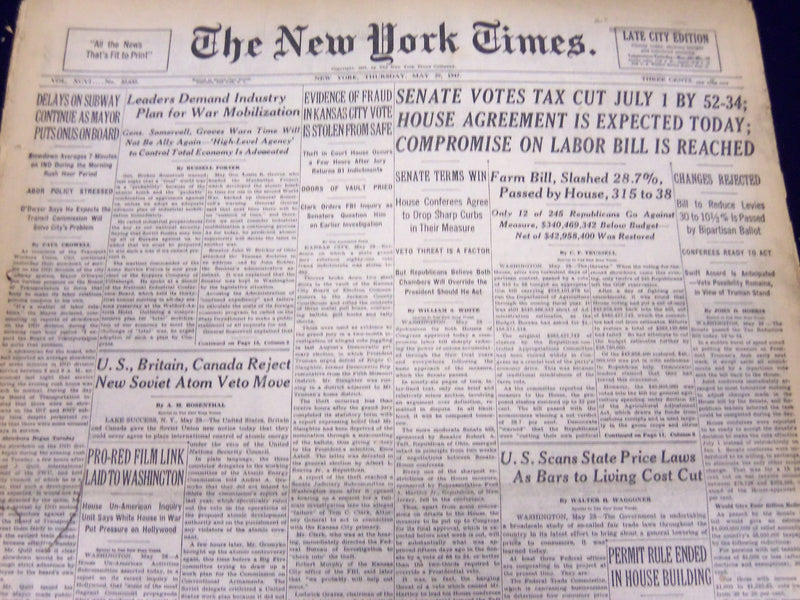 1947 MAY 29 NEW YORK TIMES - SENATE VOTES TAX CUT JULY 1 BY 52-34 - NT 88