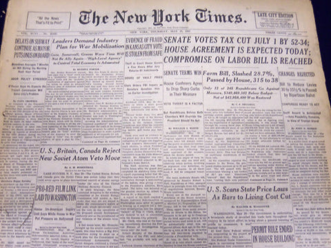 1947 MAY 29 NEW YORK TIMES - SENATE VOTES TAX CUT JULY 1 BY 52-34 - NT 88