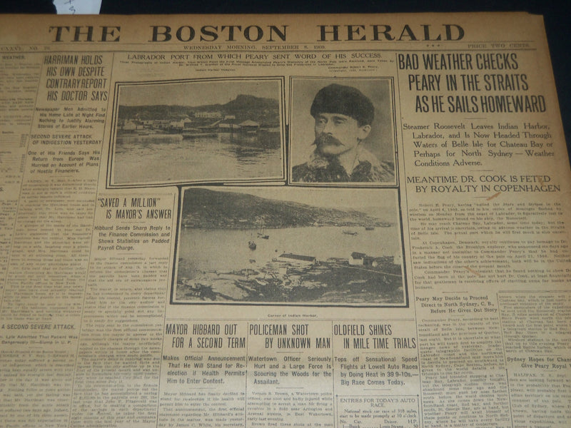 1909 SEPT 8 THE BOSTON HERALD - BAD WEATHER CHECKS PEARY IN THE STRAITS - BH 203