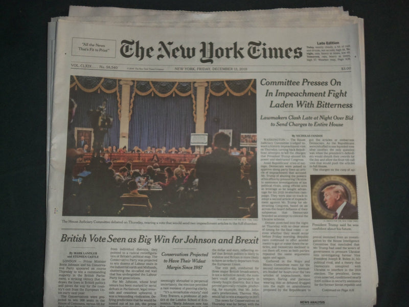 2019 DECEMBER 13 NEW YORK TIMES -BRITISH VOTE BIG WIN FOR BORIS JOHNSON & BREXIT