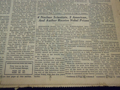 1951 NOV 16 NEW YORK TIMES - LAGERKVIST, MCMILLAN & SEABORG NOBEL PRIZE- NT 1990