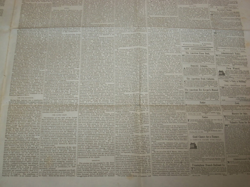 1849 DEC 29 MASSACHUSETTS PLOUGHMAN NEWSPAPER - ZACHARY TAYLOR ADDRESS - NP 5175