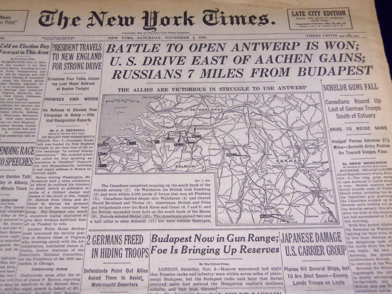 1944 NOVEMBER 4 NEW YORK TIMES - BATTLE TO OPEN ANTWERP IS WON - NT 796