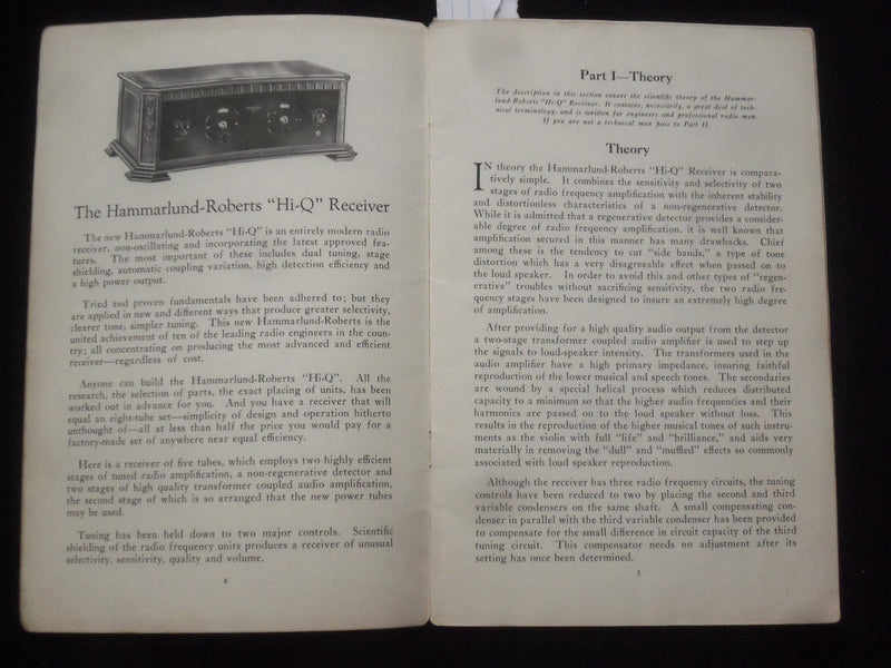 1926 HOW TO BUILD THE HAMMARLUND ROBERTS HI-Q RECEIVER SOFTCOVER MANUAL - J 9835