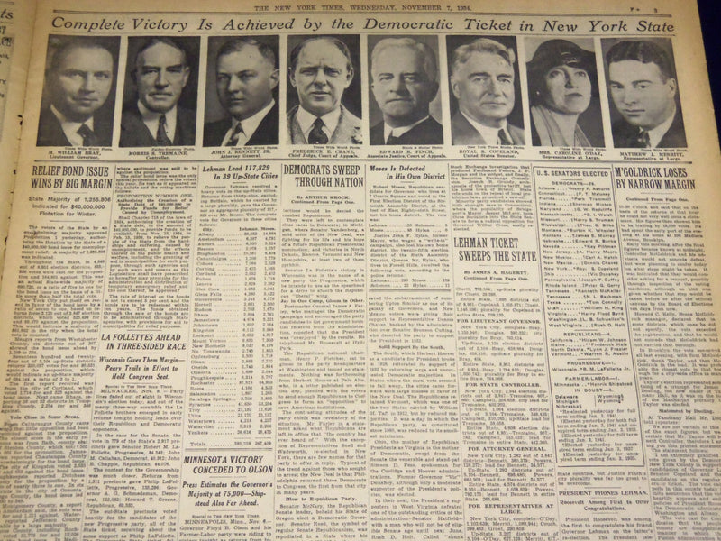 1934 NOVEMBER 7 NEW YORK TIMES - NEW DEAL SCORES NATION-WIDE VICTORY - NT 1711