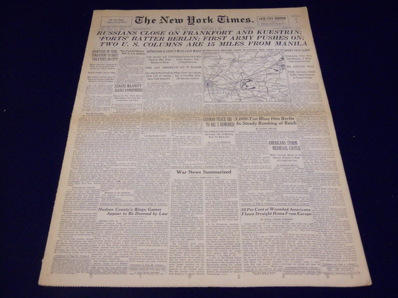 1945 FEB 4 NEW YORK TIMES - RUSSIANS CLOSE ON FRANKFORT AND KUESTRIN - NT 526