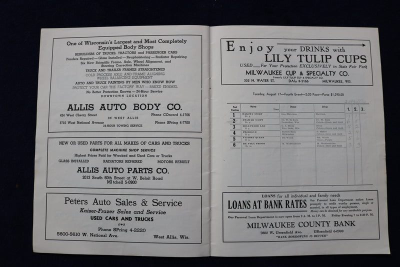 1948 AUGUST 17 MID-WEST HARNESS RACES PROGRAM - FAIR PARK - WISCONSIN - K 899