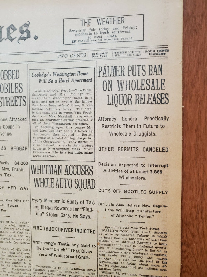 1921 FEBRUARY 3 NEW YORK TIMES - PALMER BANS WHOLESALE LIQUOR RELEASES - NT 8112