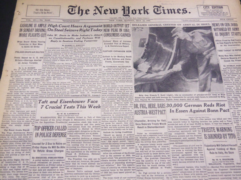 1952 MAY 12 NEW YORK TIMES - TAFT AND EISENHOWER FACE CRUCIAL TESTS - NT 4556