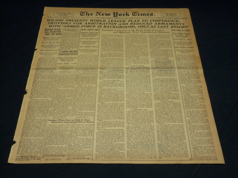 1919 FEBRUARY 15 NEW YORK TIMES - WILSON PRESENTS WORLD LEAGUE PLAN - NT 7966