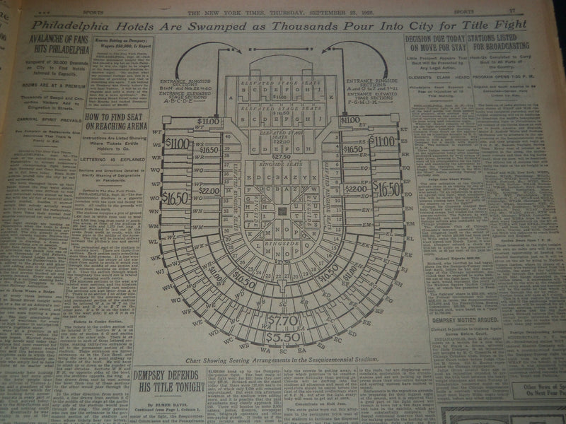 1926 SEPTEMBER 23 NEW YORK TIMES NEWSPAPER - DEMPSEY TO DEFEND TITLE - NT 7573
