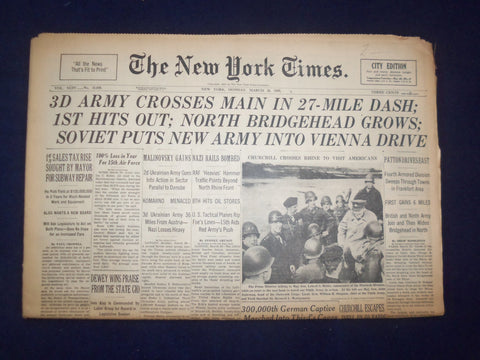 1945 MARCH 26 NEW YORK TIMES - 3D ARMY CROSSES MAIN IN 27-MILE DASH - NP 6677