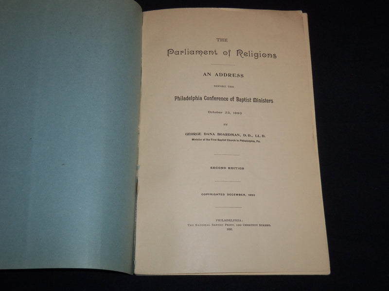 1893 THE PARLIAMENT OF RELIGIONS BOOK BY GEORGE BOARDMAN - J 8862