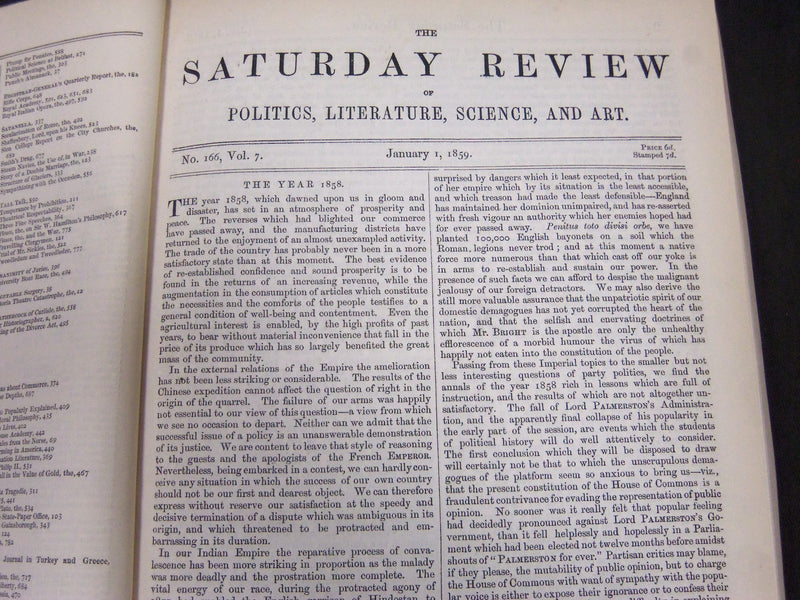 1859 JANUARY-JUNE SATURDAY REVIEW BOUND VOLUME NO. 7 - PUB. IN LONDON - R 1144