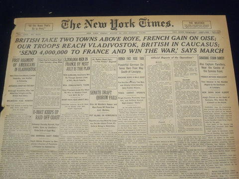 1918 AUGUST 16 NEW YORK TIMES - BRITISH TAKE TWO TOWNS ABOVE ROYE - NT 9209