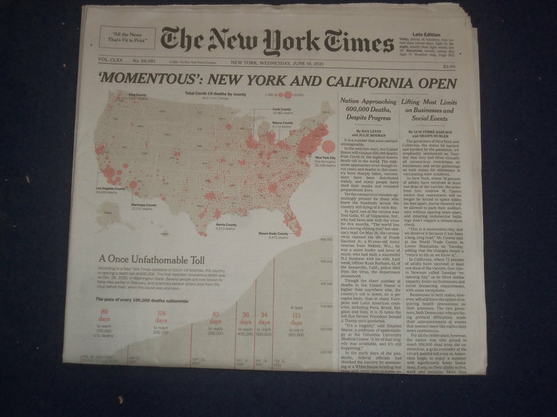 2021 JUNE 16 NEW YORK TIMES - 'MOMENTOUS' NEW YORK AND CALIFORNIA OPEN