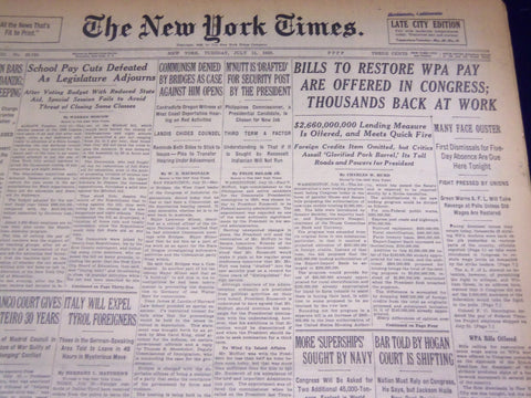 1939 JULY 11 NEW YORK TIMES - BILLS TO RESTORE WPA PAY - NT 3685
