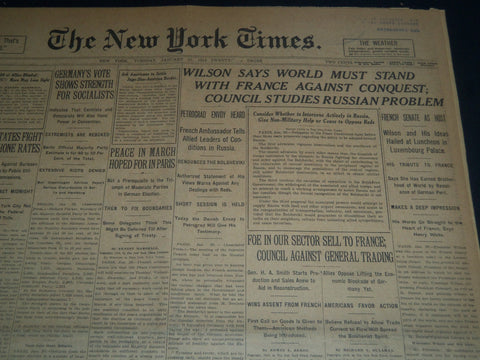 1919 JANUARY 21 NEW YORK TIMES-WILSON SAYS WORLD MUST STAND WITH FRANCE- NT 7516