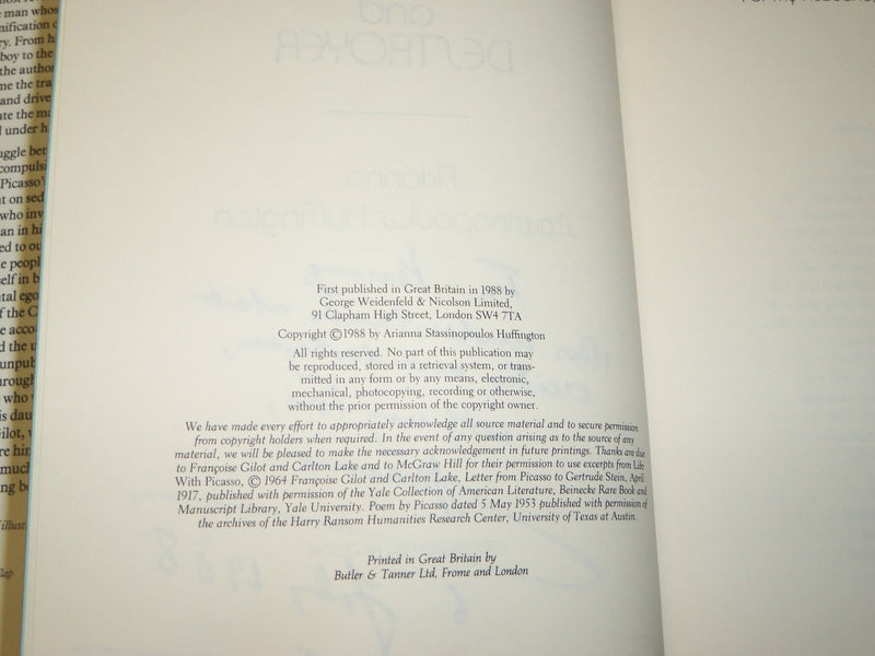 1988 PICASSO CREATOR AND DESTROYER BOOK INSCRIBED BY ARIANNA HUFFINGTON- KD 5325