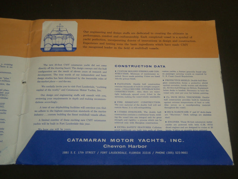 1968 CATAMARAN MOTOR YACHTS SALES BROCHURE - CHEVRON HARBOR- FLORIDA - B 6592