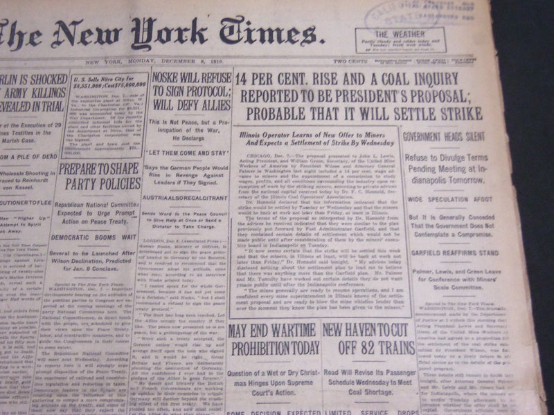 1919 DECEMBER 8 NEW YORK TIMES - NOSKE WILL REFUSE TO SIGN PROTOCOL - NT 7015