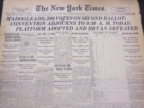 1920 JULY 3 NEW YORK TIMES - M'ADOO LEADS, 289 VOTES ON SECOND BALLOT - NT 5328