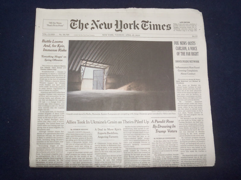 2023 APRIL 25 NEW YORK TIMES - FOX NEWS OUSTS CARLSON, A VOICE OF THE FAR RIGHT