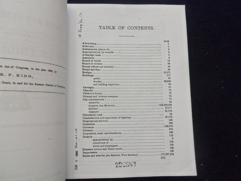 PHILADELPHIA LAWS AND ORDINANCES 1867 DIGEST REPRINT SOFTCOVER BOOK - KD 8500