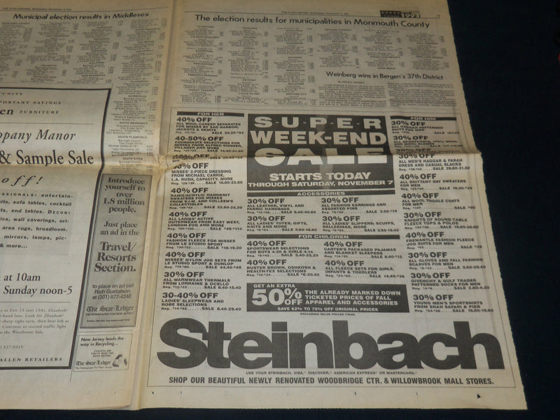 1992 NOVEMBER 4 THE STAR-LEDGER NEWSPAPER - CLINTON ROUTS BUSH - NP 4907