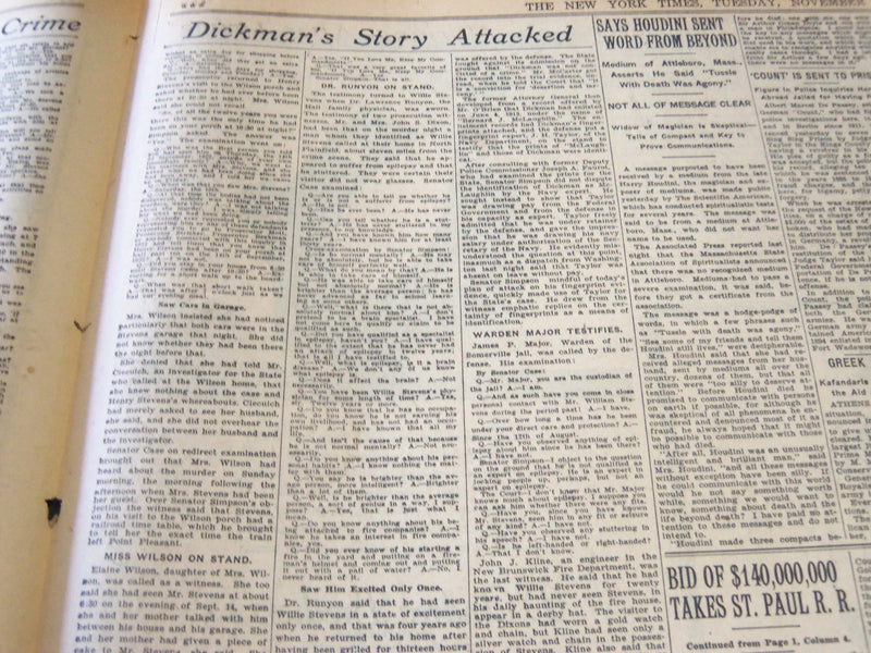 1926 NOVEMBER 23 NEW YORK TIMES - NEIGHBORS BACK HENRY STEVEN'S ALIBI - NT 6531