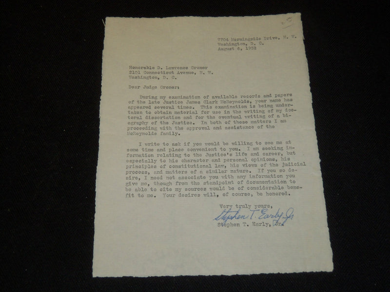 1952 STEVEN T. EARLY JR. SIGNED TYPED LETTER TO HON. LAWRENCE GRONER - J 5363