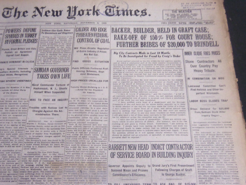 1920 NOVEMBER 6 NEW YORK TIMES - BACKER BUILDER HELD IN GRAFT CASE - NT 6733
