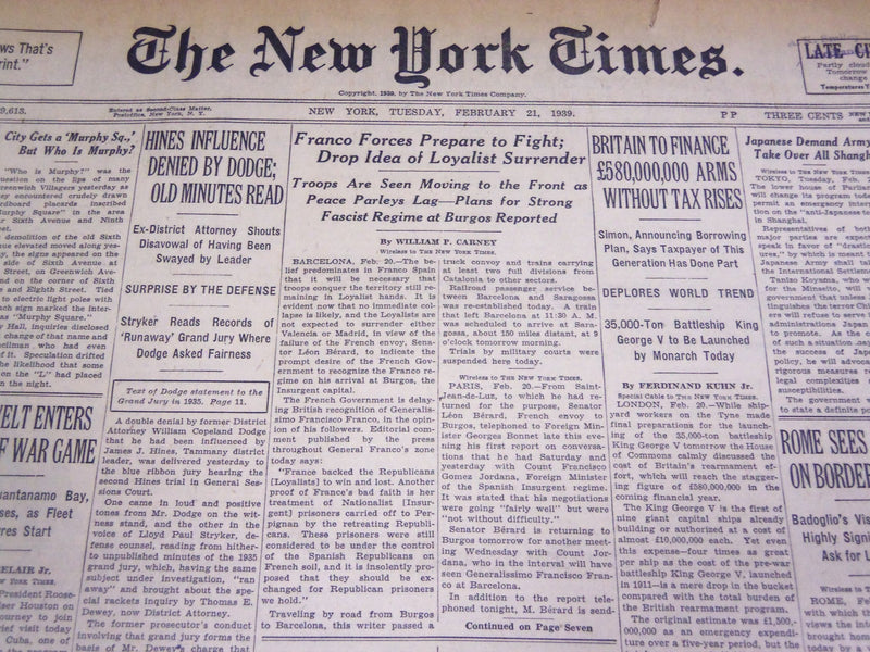 1939 FEB 21 NEW YORK TIMES FRANCES FORCES FIGHT, DROP IDEA OF SURRENDER- NT 1347