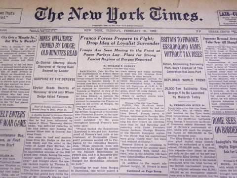 1939 FEB 21 NEW YORK TIMES FRANCES FORCES FIGHT, DROP IDEA OF SURRENDER- NT 1347