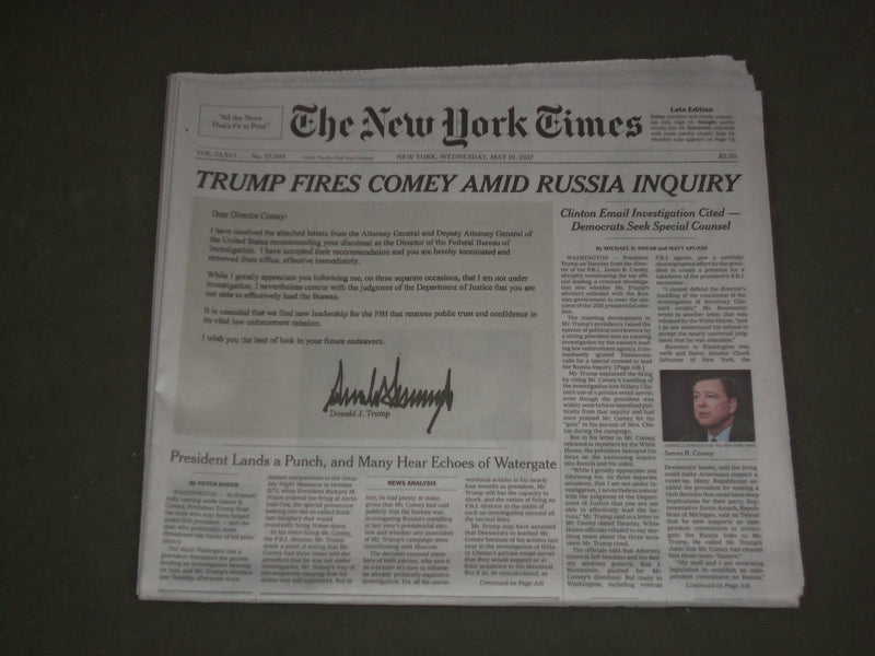 2017 MAY 10 NEW YORK TIMES - DONALD TRUMP FIRES JAMES COMEY AMID RUSSIA INQUIRY