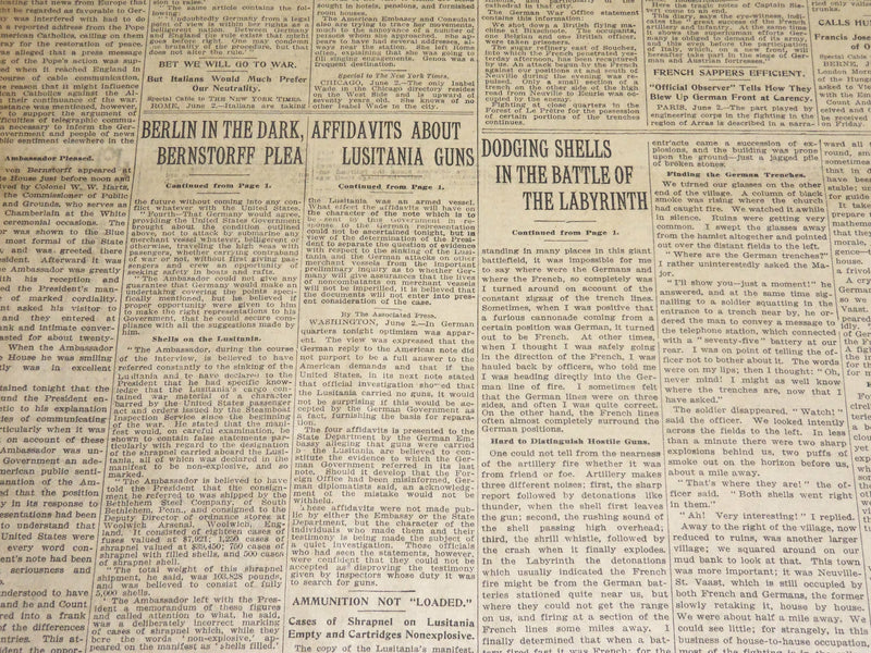 1915 JUNE 3 NEW YORK TIMES - AFFIDAVITS ABOUT LUSITANIA GUNS - NT 7693