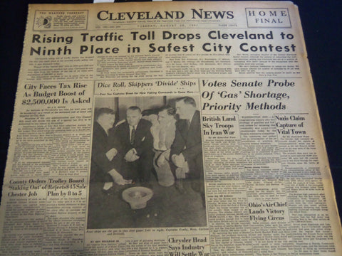 1941 AUGUST 26 CLEVELAND NEWS NEWSPAPER - NINTH PLACE AS SAFEST CITY - NT 7408