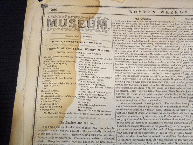 1851 JANUARY 25 THE BOSTON MUSEUM NEWSPAPER - HORACE GREELEY - CAESAR - NP 9035