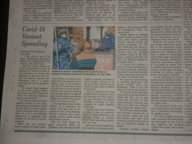 2021 JANUARY 16-17 THE WALL STREET JOURNAL -VIRUS VARIANT MOVING RAPIDLY IN U.S.