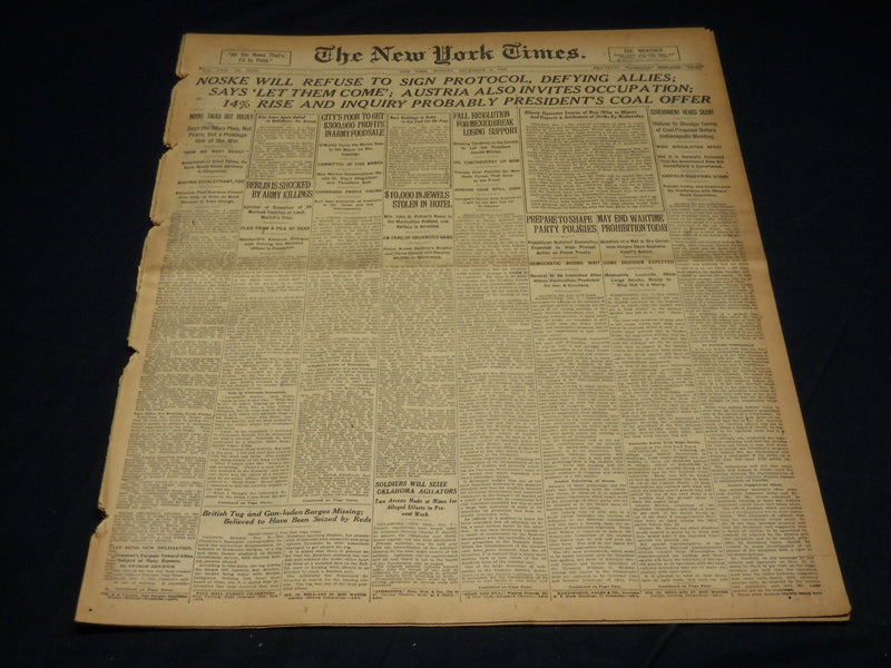 1919 DECEMBER 8 NEW YORK TIMES - NOSKE WILL REFUSE TO SIGN PROTOCOL - NT 7949