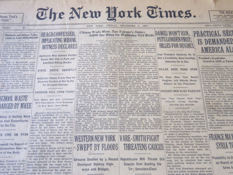 1927 DECEMBER 2 NEW YORK TIMES - CHIANG WEDS MME. SUN YAT-SEN'S SISTER - NT 6400