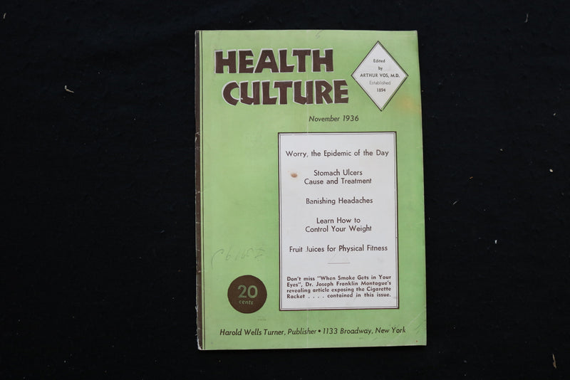 1936 NOV HEALTH CULTURE MAGAZINE - WORRY, THE EPIDEMIC OF THE DAY COVER - K 369