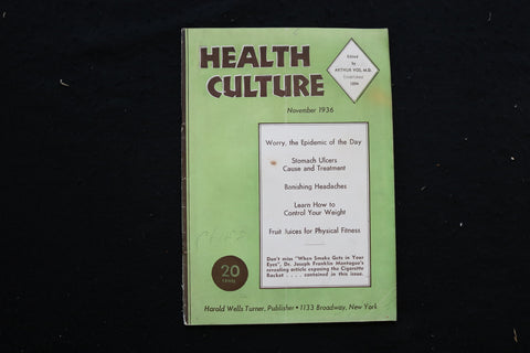 1936 NOV HEALTH CULTURE MAGAZINE - WORRY, THE EPIDEMIC OF THE DAY COVER - K 369